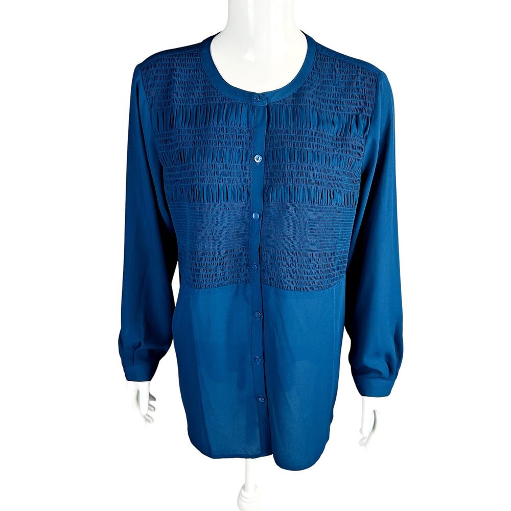 Joan Rivers Womans Sz Medium Blouse Long Sleeve Button Texture Tunic Blue Green - Picture 2 of 7